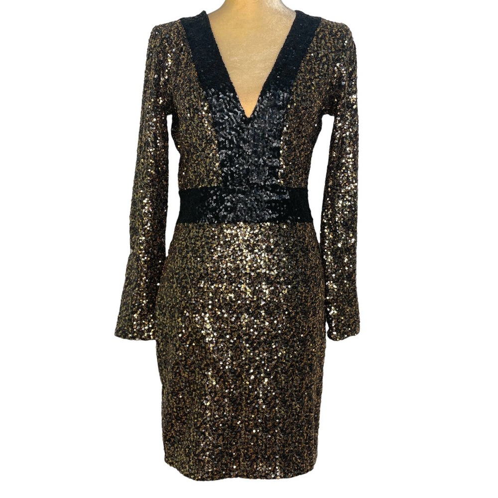 Dress The Population Long Sleeve Black/Gold V-Neck Sequin Bodycon Dress | Large